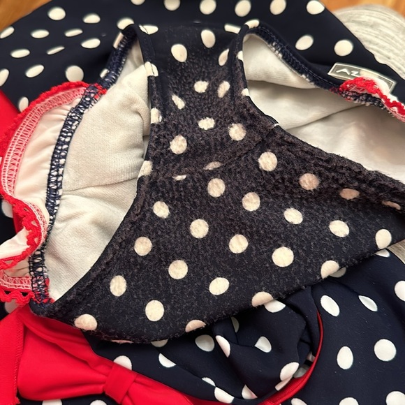 Navy & White Polka Dot 1 Piece Swimsuit Swim Hat Red Bow Size 2 Azul Swimwear 2t - Picture 9 of 9